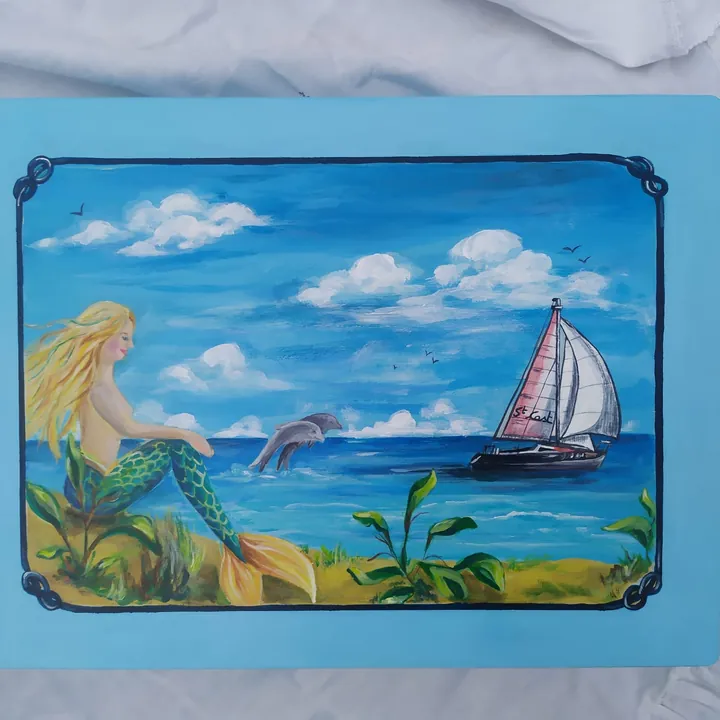 Couvercle de boîte peint d'une sirène et d'un voilier