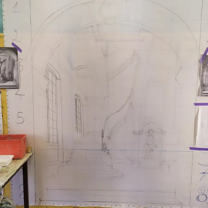 Décor de théâtre en trompe-l'œil peint à la gigouille, étape 1