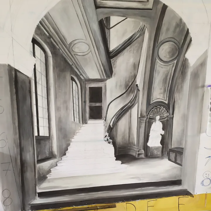 Décor de théâtre en trompe-l'œil peint à la gigouille, étape 4