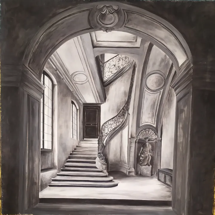 Décor de théâtre en trompe-l'œil peint à la gigouille, étape 6