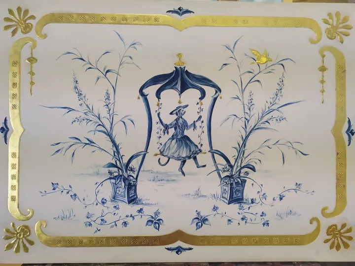 Singerie dans le goût du XVIIIe siècle, à la caséine et à la feuille d'or, sur enduit au blanc de Meudon