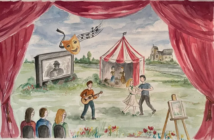Poste Enedis de Saint-Denis-du-Maine, esquisse aquarellée : le théâtre de verdure
