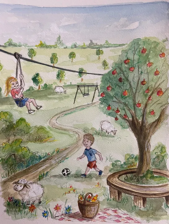 Poste Enedis de Saint-Denis-du-Maine, esquisse aquarellée : l'aire de jeux