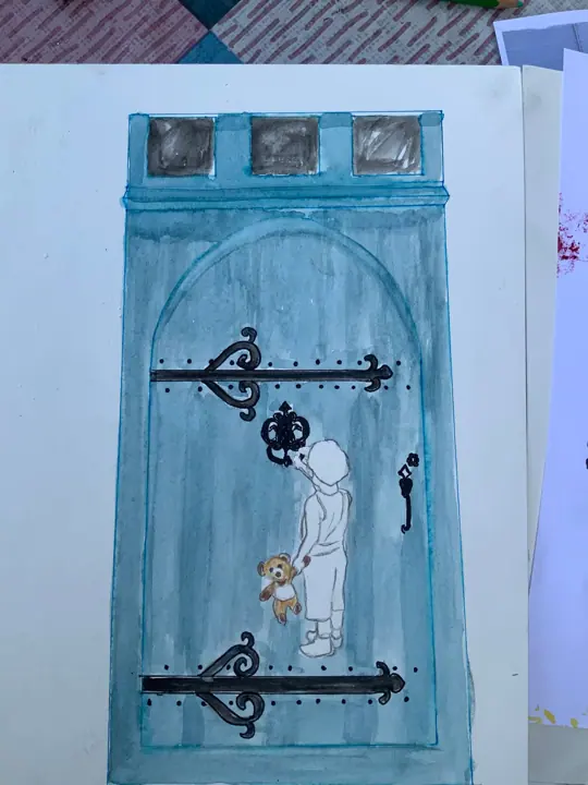Décor et lettrage peints sur la vitrine d'un commerce, étape 2