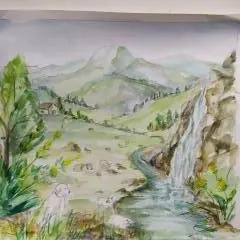 Décor du Massif central peint à l'huile sur châssis toilé, étape 1 : esquisse aquarellée du projet pour validation auprès des clients