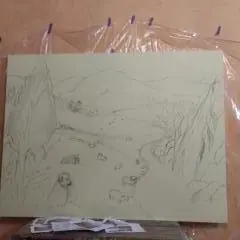 Décor du Massif central peint à l'huile sur châssis toilé, étape 3 : réalisation du croquis au crayon