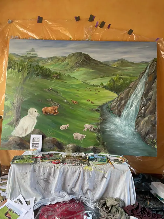 Décor du Massif central peint à l'huile sur châssis toilé, étape 4