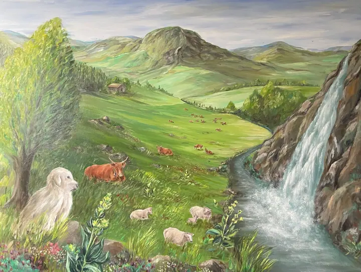 Décor du Massif central peint à l'huile sur châssis toilé, étape 5