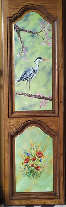 Porte en chêne peinte, décor de héron