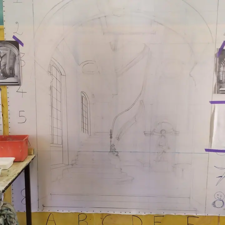 Décor de théâtre peint à la gigouille, étape 1