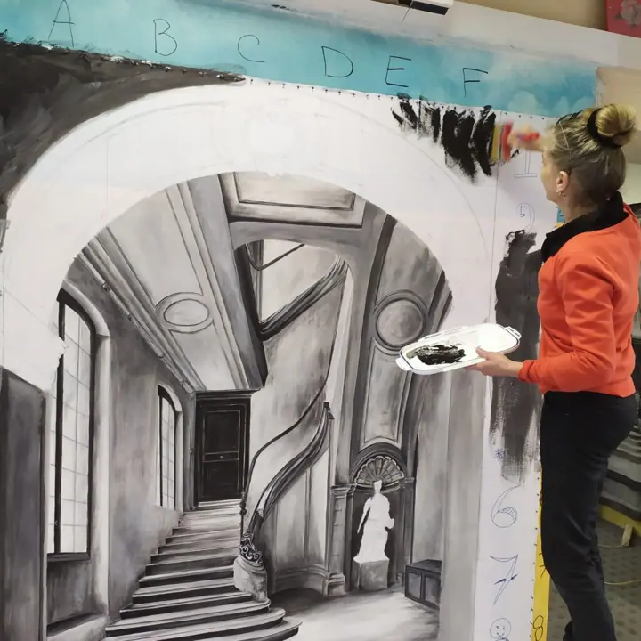 Décor de théâtre peint à la gigouille, étape 5