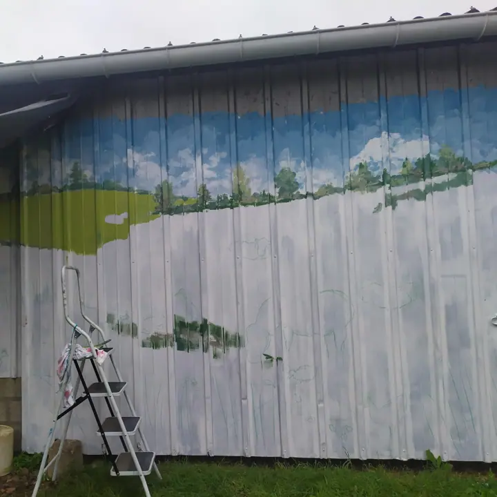 Fresque peinte sur tôle à Saint-Denis-du-Maine, étape 2