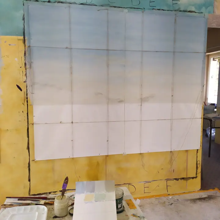 Décor panoramique dans le style Zuber à la caséine sur deux lés de papier, étape 2