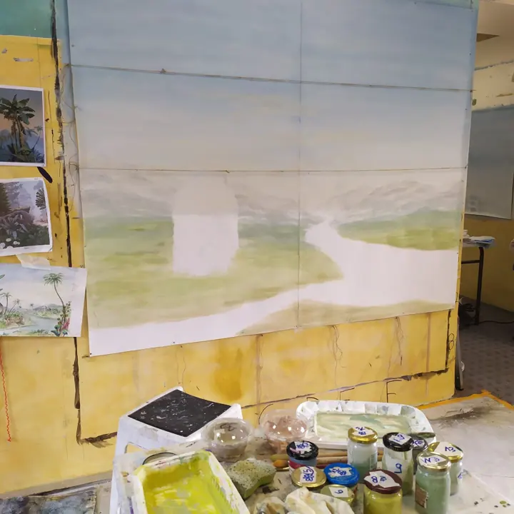 Décor panoramique dans le style Zuber à la caséine sur deux lés de papier, étape 3