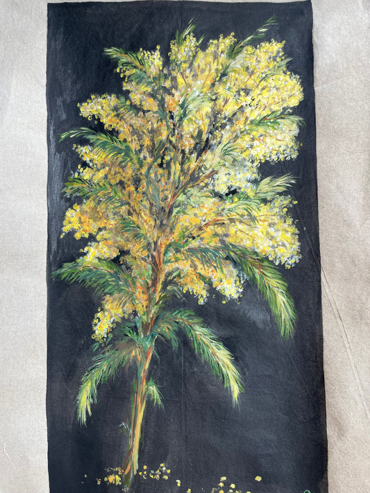 Décor à la peinture naturelle caséine et pigments sur toile de lin 126*67 cm  -MIMOSAS