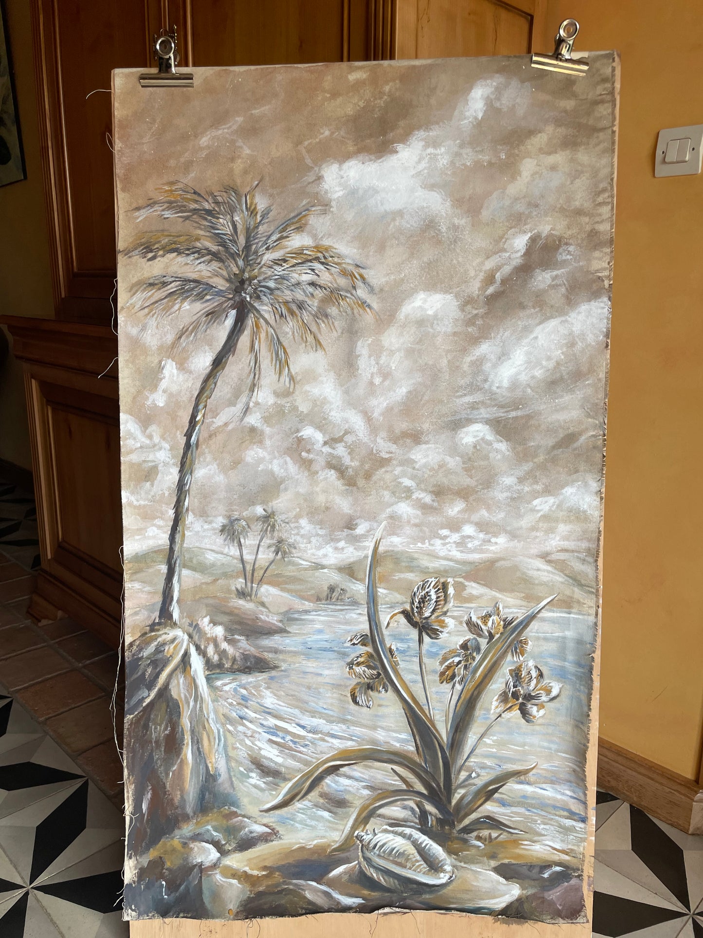Décor sépia à la peinture naturelle caséine et pigments sur toile de lin 126*67 cm