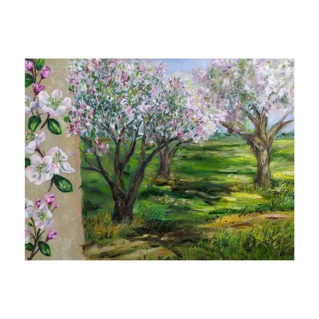 Pommier en fleurs, huile, œuvre de Fabienne Goubaud