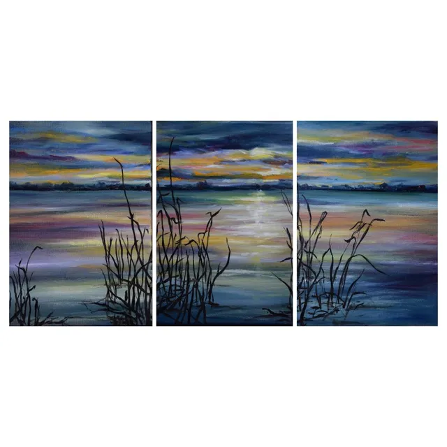Triptyque coucher de soleil, acrylique, œuvre de Fabienne Goubaud