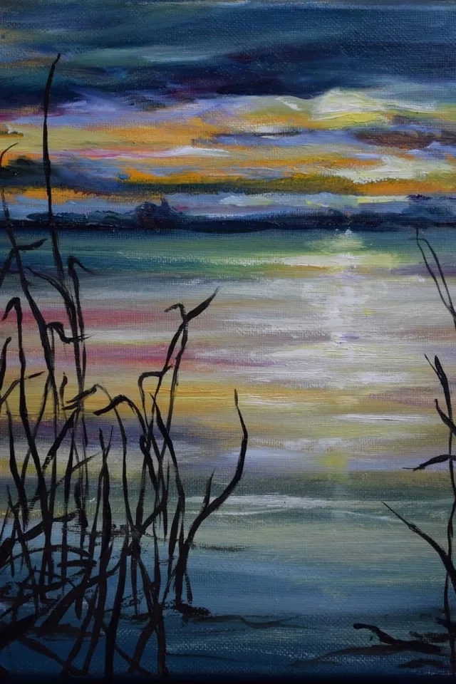 Triptyque coucher de soleil, acrylique, œuvre de Fabienne Goubaud, vue 2