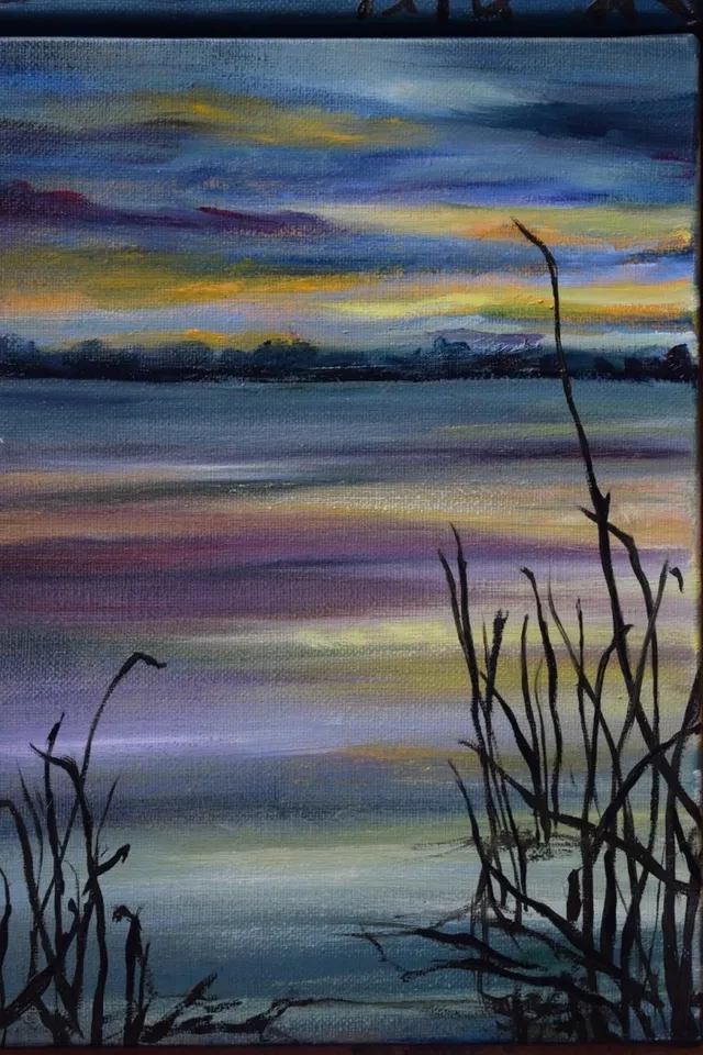 Triptyque coucher de soleil, acrylique, œuvre de Fabienne Goubaud, vue 3