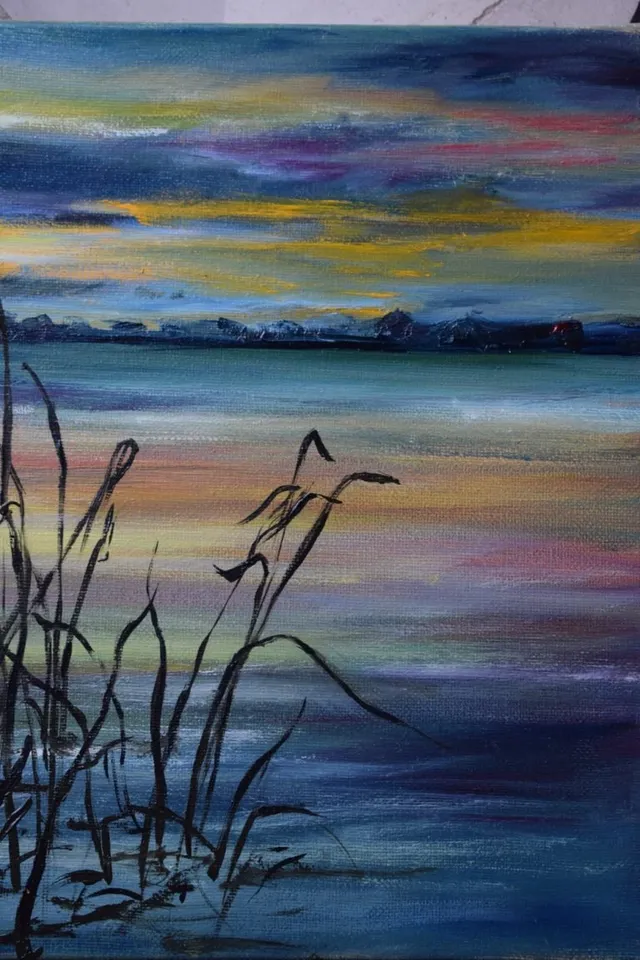 Triptyque coucher de soleil, acrylique, œuvre de Fabienne Goubaud, vue 4